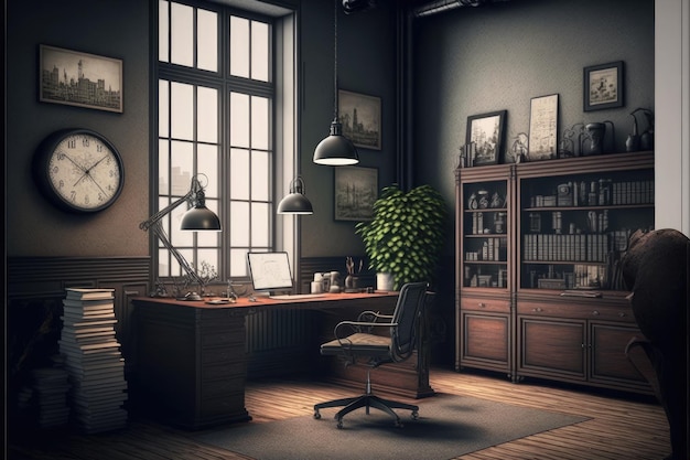 Antique home interior with working space and study desk in elegant room