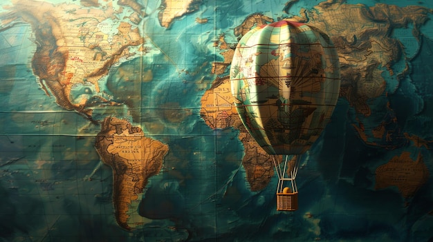 An antique hot air balloon hovers over a vintage world map