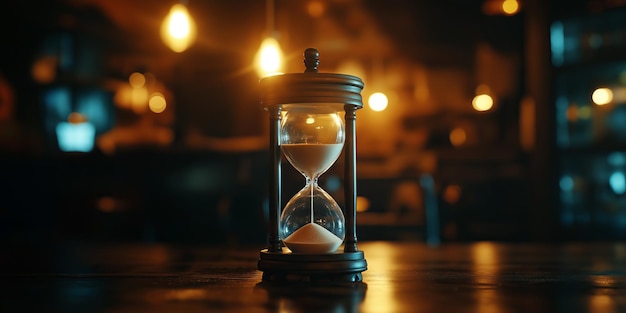 An antique hourglass sits on a wooden table in a dimly lit room