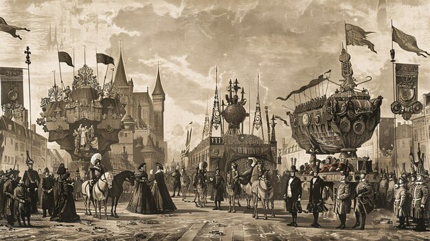 Antique illustration of a grand parade with finely detailed figures and floats