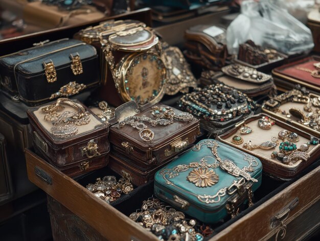 Photo antique jewelry cases filled with treasures at a flea market