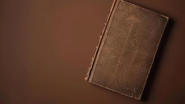 An antique leather bound book with a worn cover sits on a brown surface