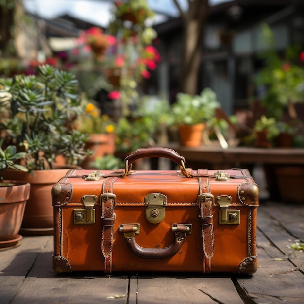 Antique leather suitcase on wooden table outdoors