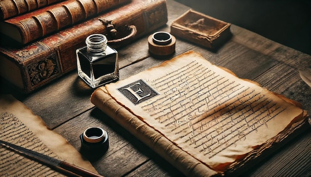 Antique Manuscript with Quill and Ink on Wooden Desk