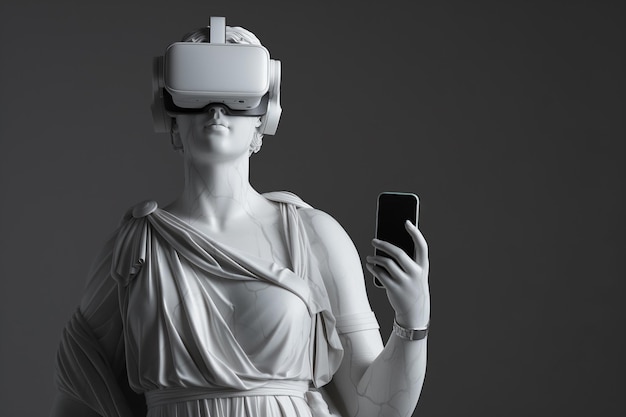 Antique marble sculpture with VR headset Statue wearing virtual reality goggles holding smartphone Metaverse world exploring with VR glasses VR games concept futurism modern technology and art