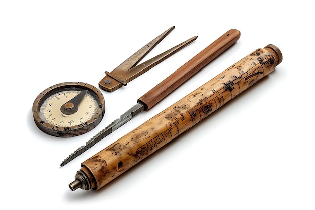 Photo antique measuring tools on white background