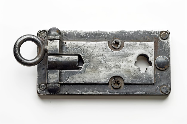 An antique metal lock with a keyhole and latch resting on a plain white surface showcasing intricate vintage craftsmanship