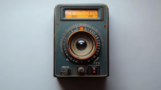 An antique multimeter resting on a white background showcasing intricate dials and vintage charm under soft lighting