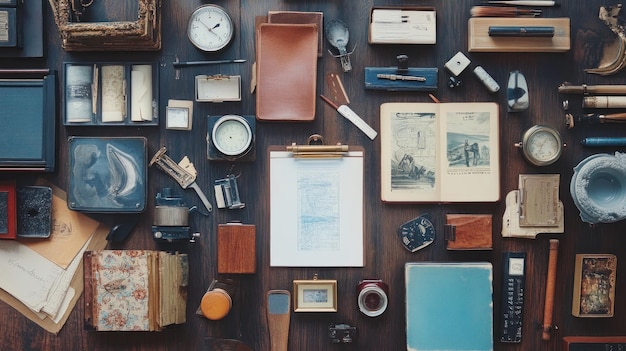 Photo antique objects and books arranged on a wooden surface