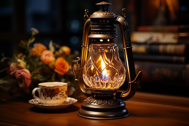 Photo antique oil lamp casting a warm glow in a room ai generated