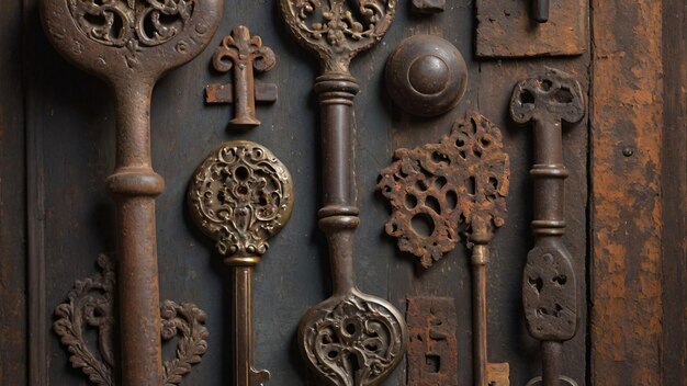 Antique ornate keys collection on wood