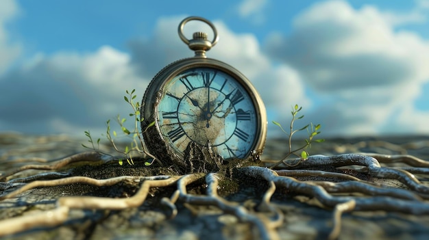 Photo an antique pocket watch embedded in roots under a blue sky