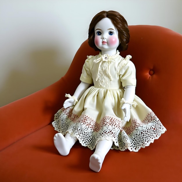 Photo antique porcelain doll dressed in vintage attire sits on a red sofa