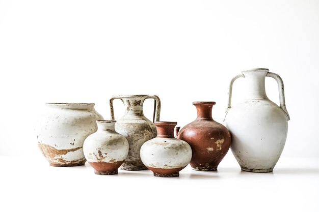 Photo antique pottery collection on white background