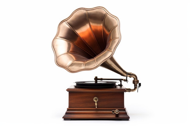 Antique Record Player With Brass Horn On a White or Clear Surface PNG Transparent Background