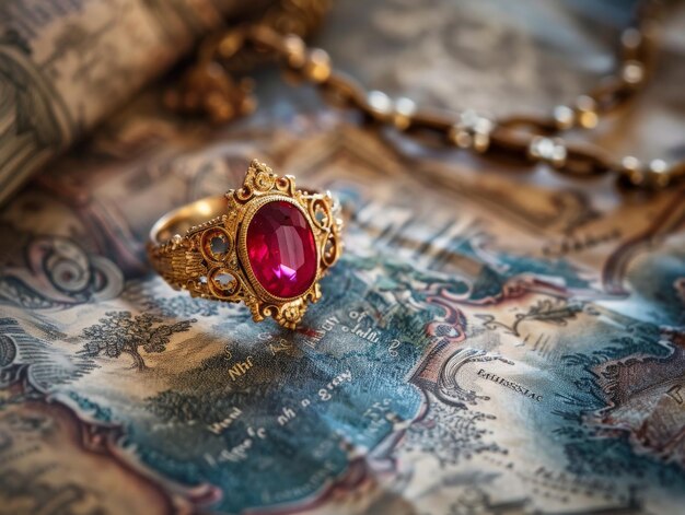 Photo antique ring with red gemstone on a vintage map