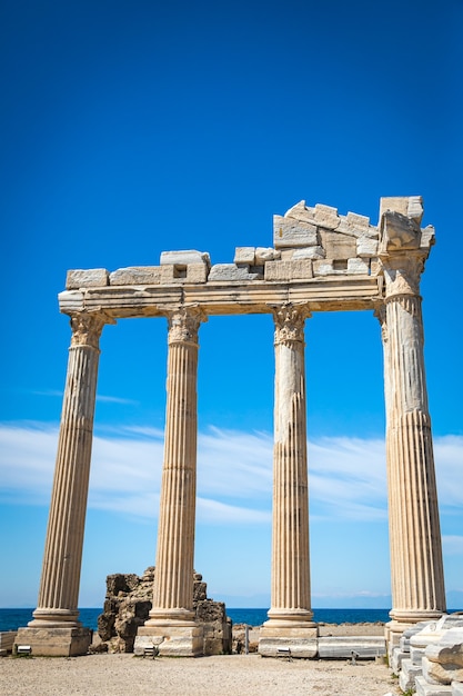 An antique ruined city of columns.Ruin. View of the ancient city in Side, Turkey.