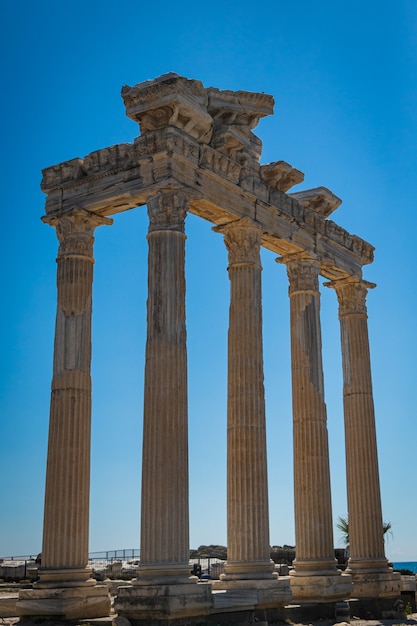 An antique ruined city of columns.Ruin. View of the ancient city in Side, Turkey.