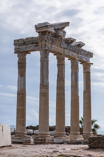 An antique ruined city of columnsRuin View of the ancient city in Side Turkey