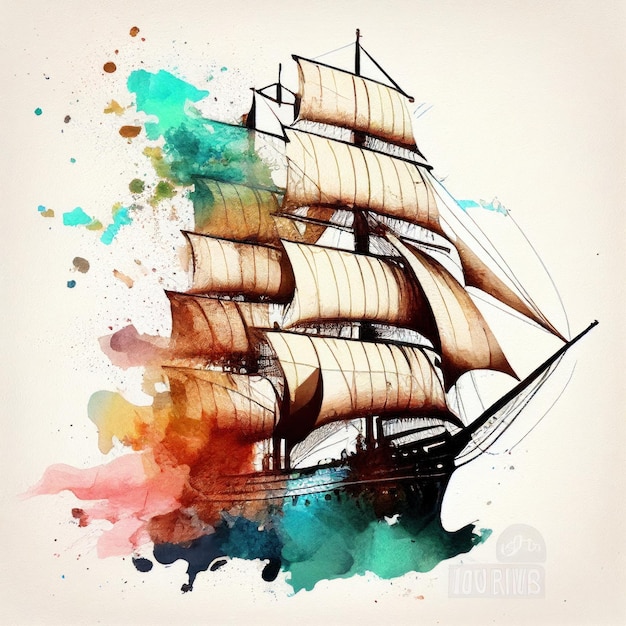 Antique sailing ship in watercolor style by Generative AI