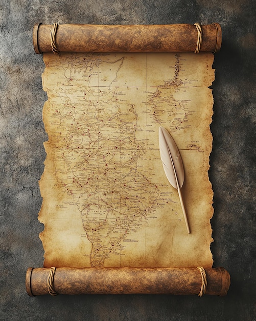 An antique scroll featuring an ancient map and a quill evoking a sense of exploration and historical adventure