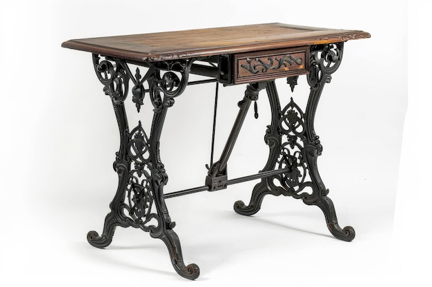 Antique sewing table with intricate cast iron legs and wooden top showcasing Victorian craftsmanship from the 19th century