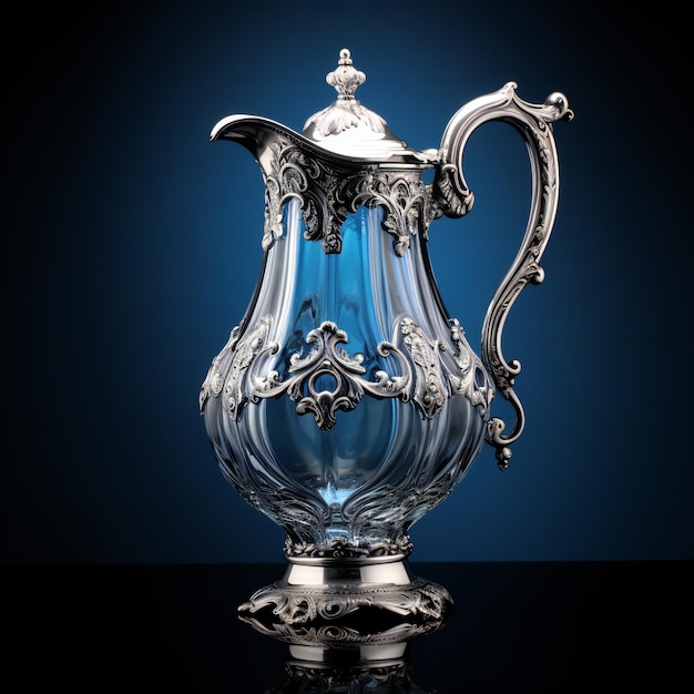 Antique silver jug on a dark blue background