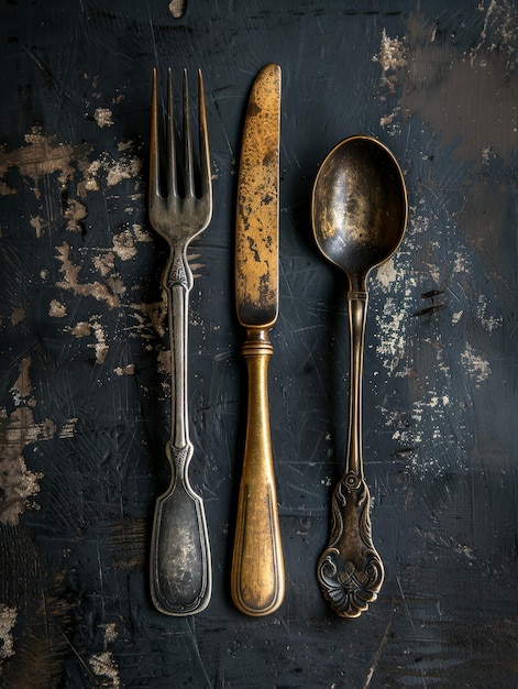 Antique Silverware Set on Rustic Background