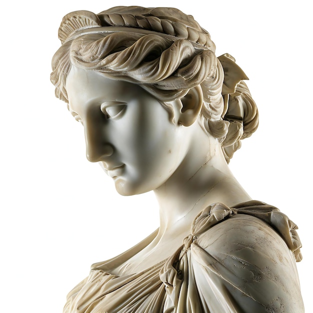 Antique statue of a female head isolated on a white background