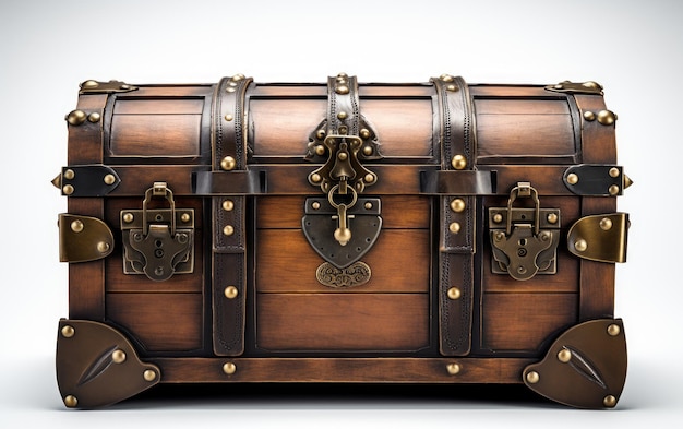 Antique Style Chest with Brass Accents on White Background