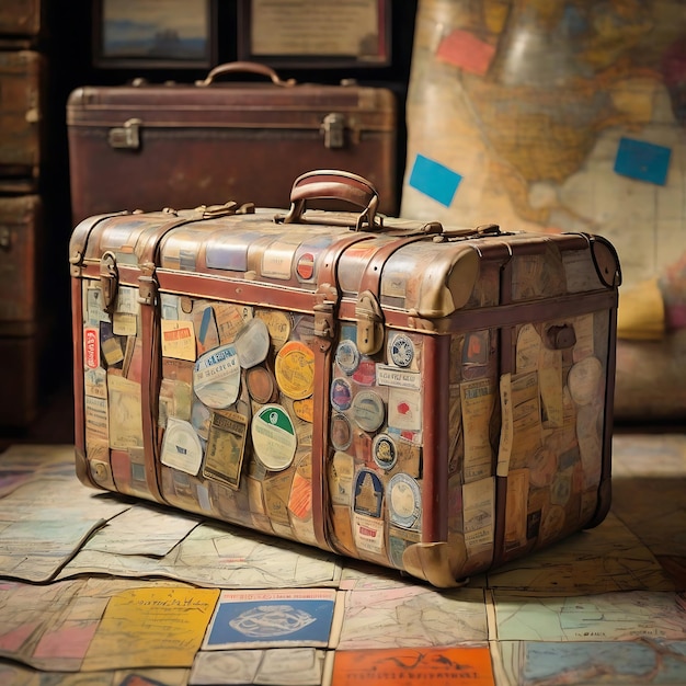 An antique suitcase its surface covered of royaltyfree travel stickers Ai Generated