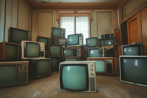 Antique and vintage style photo retro televisions pile on floor in old room