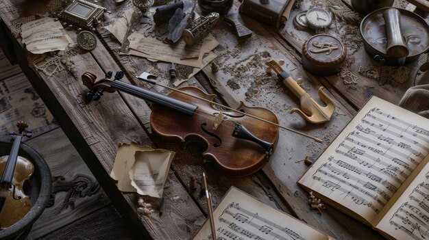 An antique violin rests on a cluttered wooden table surrounded by vintage sheet music small treasured items and dust evoking a sense of timeless artistry