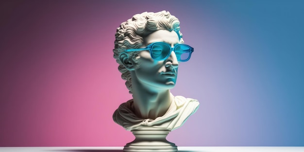 Antique white bust in colored glasses on a plain empty background