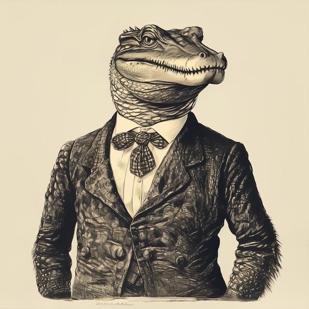 Photo antique woodcut engraving of crocodile in suit exquisite black and white portraiture