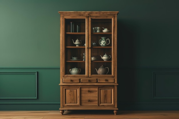 Antique Wooden Cabinet With Glass Doors Displaying Porcelain Teacups and Teapots in a Green Room