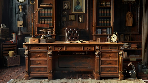 Antique Wooden Desk with Vintage Accessories on Top