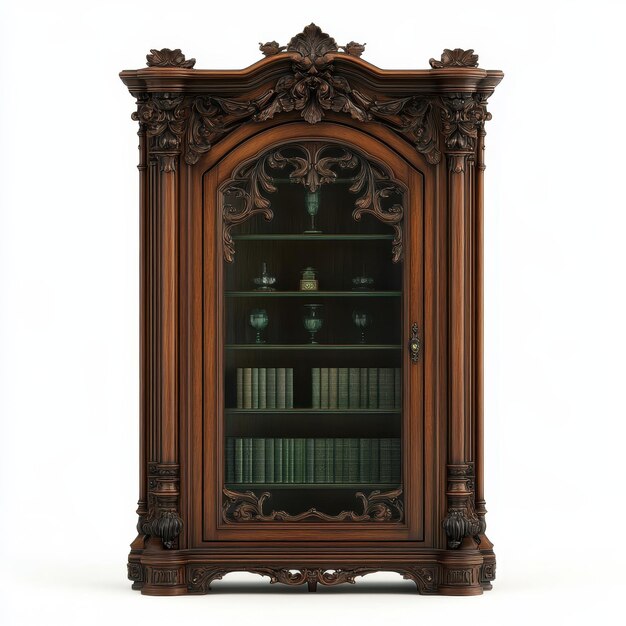 Photo antique wooden display cabinet with carved details