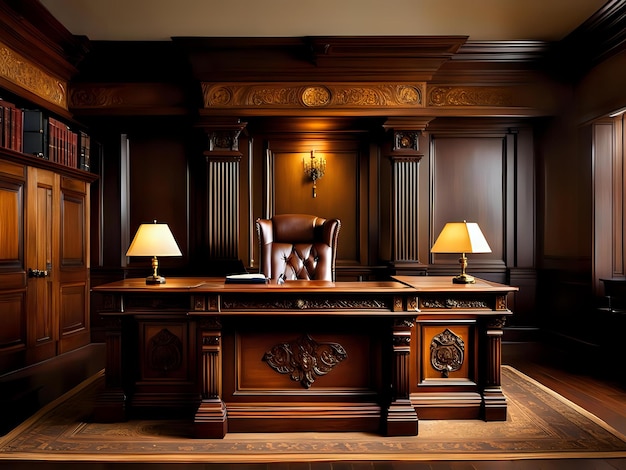 Antique Wooden Judges Desk with Ornate Carvings