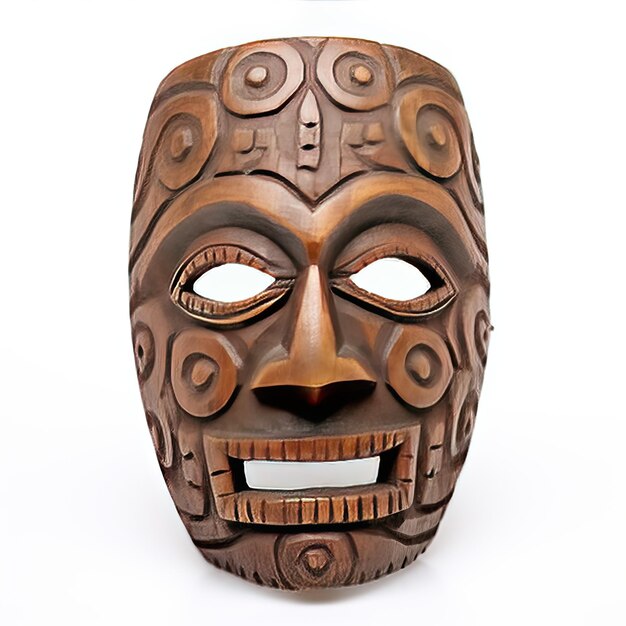 Photo antique wooden mask isolated on white background professional photography high detail hd 8k style raw job id d9c2b2ba923e463a8d5f74a1e048a38a