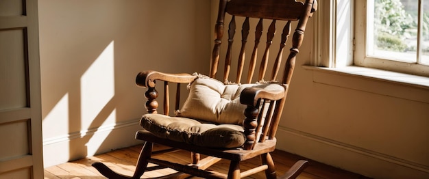 Photo antique wooden rocking chair with carved details and worn cushion perfect for cozy interiors