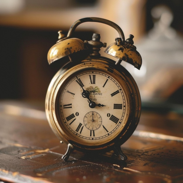 Antique wooden table with a vintage clock centerpiece