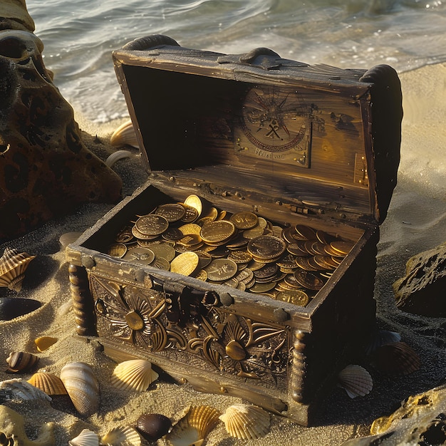 Photo antique wooden treasure chest with gold coins and ancient maps on a secluded beach