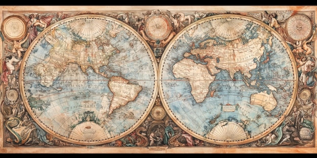 Photo an antique world map with elaborate decorative cartouches and handcolored regions the map is