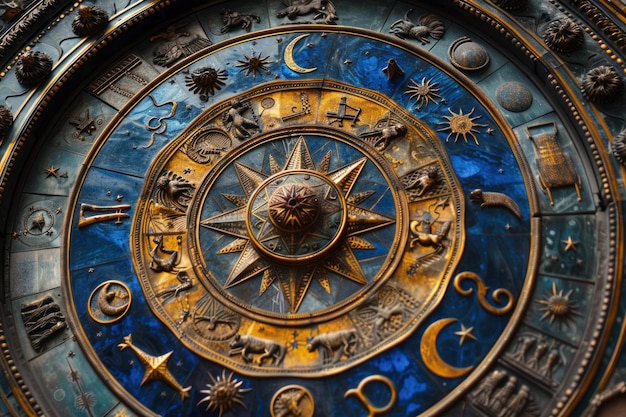 Antique zodiac astrological clock closeup