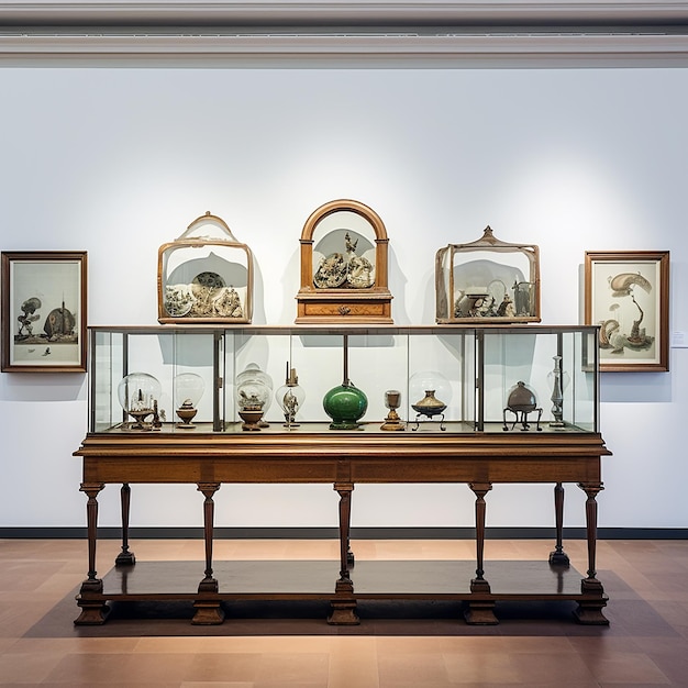 Photo antiques in the museum are surrounded by transparent glass and isolated on a white wall background