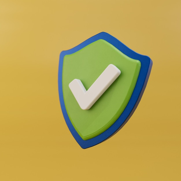 antivirus icon. virus protection. on a yellow background, a green shield with a blue rim and a white