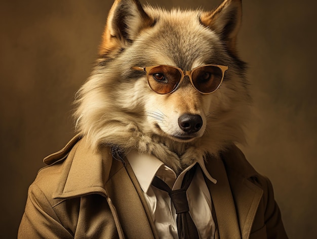 antropomorphic animal character cute dressed up wolf with glasses emty background