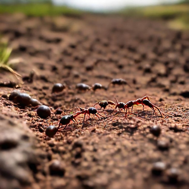 ants are crawling on the ground and one is red