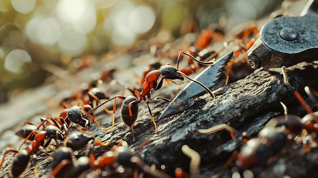 Photo the ants are dragging a branch